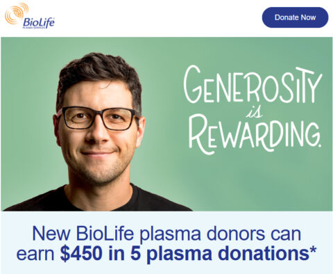 BioLife Coupon $450 in 5 plasma Donations