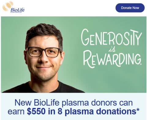 BioLife Coupon $550 in 8 plasma Donations