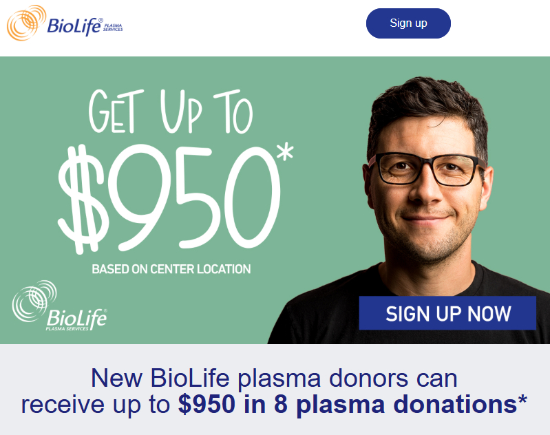 BioLife Coupon $950 in 8 plasma donations